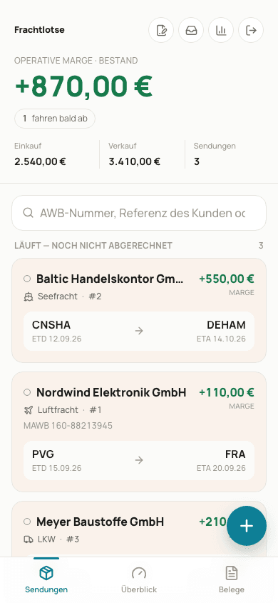 Frachtlotse — Sendungen (Mobilansicht)